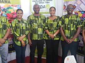  A group photo of TMDA staff who participate in in the ongoing exhibition at Sabasaba grounds during the 44th Dar es Salaam International Trade Fair. TMDA is showcasing different services offered by the Authority including how to report  Adverse Drug React
